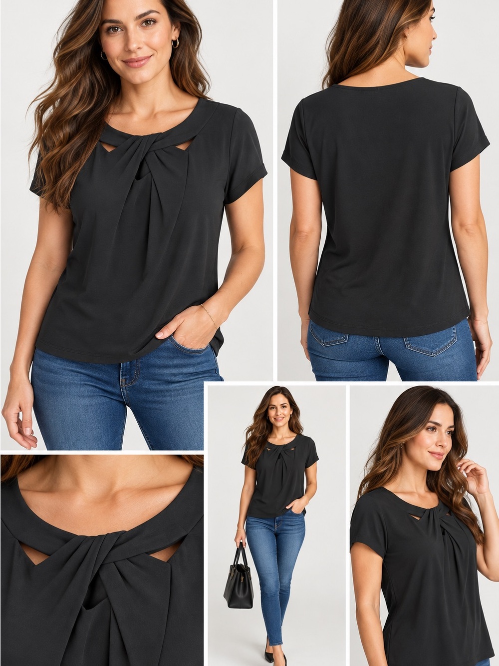 White House Black Market Black Twist neck Keyhole Short Sleeve Top, Large